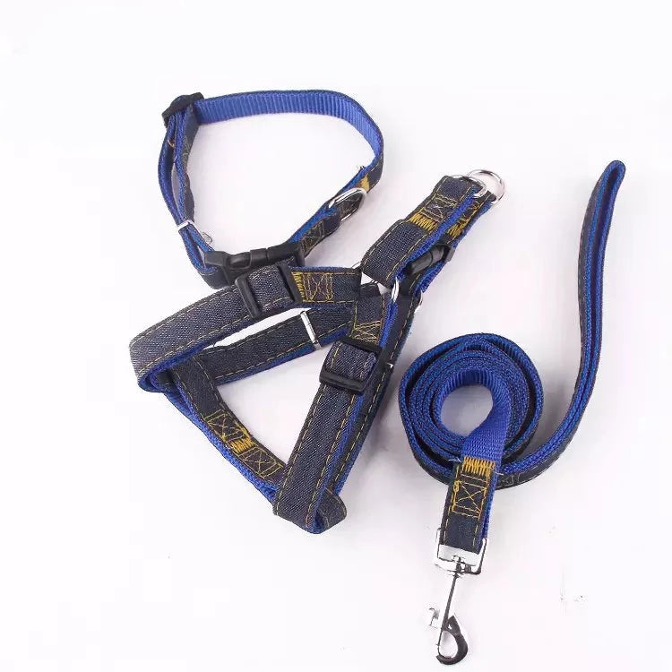 3er-Set Leine Brustgeschirr & Halsband für Hunde Jeansoptik in Blau