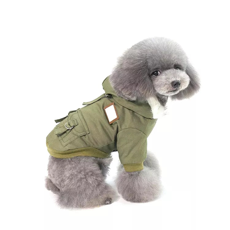 Hundeparka Hundemantel Daunenjacke mit Kapuze Winter Hoodie Hundejacke Detailbild Olive