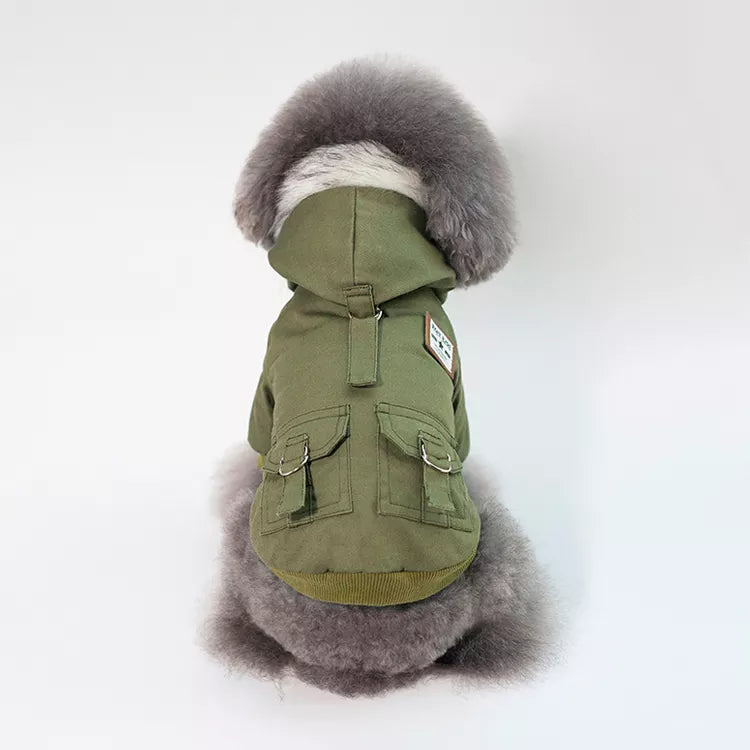 Hundeparka Hundemantel Daunenjacke mit Kapuze Winter Hoodie Hundejacke Detailbild Olive