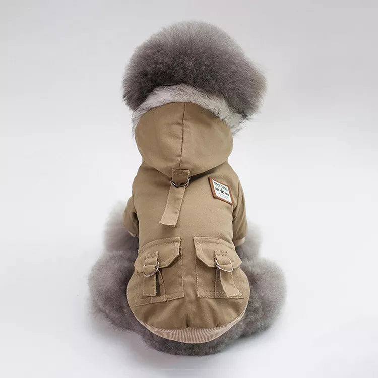 Hundeparka Hundemantel Daunenjacke mit Kapuze Winter Hoodie Hundejacke Detailbild Beige